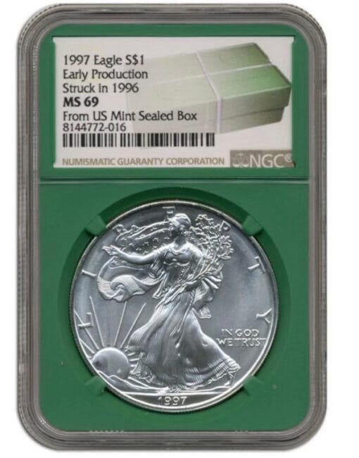 1997 Silver Eagle Struck in 1996 - Early Production - NGC MS69 Monster Box Label