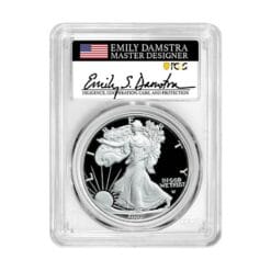 2025-W Silver Eagle – Emily Damstra Signature Label – PCGS PR70 DCAM AR