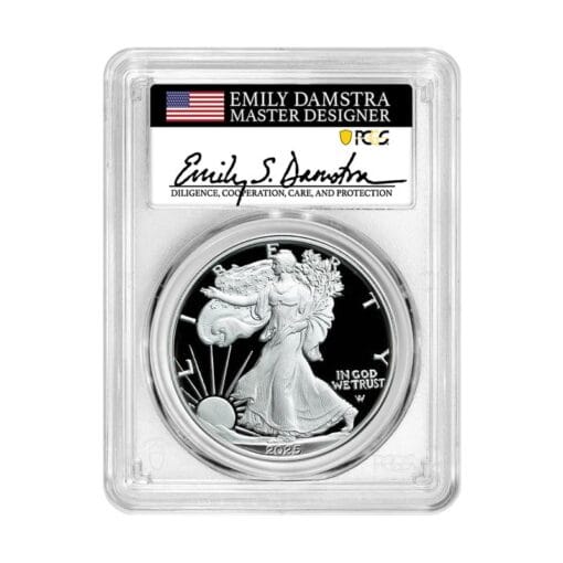 2025-W Silver Eagle – Emily Damstra Signature Label – PCGS PR70 DCAM AR