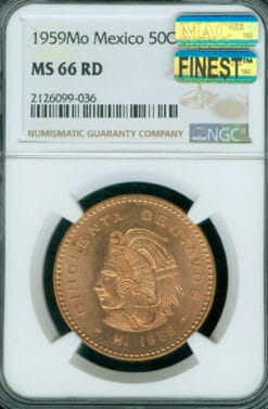 1959 MEXICO 50 CENTAVOS NGC MS66 RED MAC FINEST REGISTRY & SPOTLESS RARE