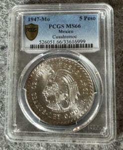 1947-Mo MEXICO Silver 5 Peso Cuauhtemoc Coin PCGS MS66