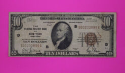 1929 $10 Federal Reserve Bank Of New York National Currency Paper Money Note 14