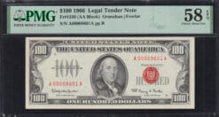 1966 $100 Legal Tender Note. Four Digit Low Serial Number. PMG Choice AU 58 EPQ