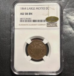 1864 Large Motto Two Cent Piece certified NGC AU58 Gold CAC