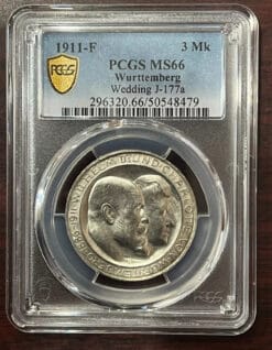 1911-F 3 Mark PCGS MS66 German Empire Württemberg Silver coin