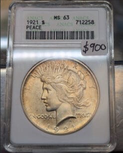 1921 High Relief Peace Dollar. ANACS MS63. Soapbox Holder. Old Teletrade sticker.