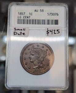 1857 Braided Hair Large Cent. Small Date variety. ANACS AU58, Soapbox Holder.