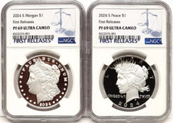 2 coin set 2024 morgan peace proof silver dollars nge pf 69 uc first releases fr