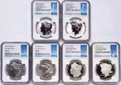 6 coin set 2024 morgan peace silver dollars ngc ms pf rp 70 fdoi lst in hand