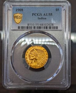 1908 $5 Indian Head Gold. PCGS AU55. Popular first year of the type.