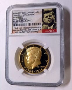 2014 W KENNEDY 50th ANNIVERSARY 50c Gold High Relief UCAM PF69 ER Ask Not Label