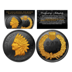 Indian Head Genuine Cent - Black Ruthenium & 24k Gold Enhanced