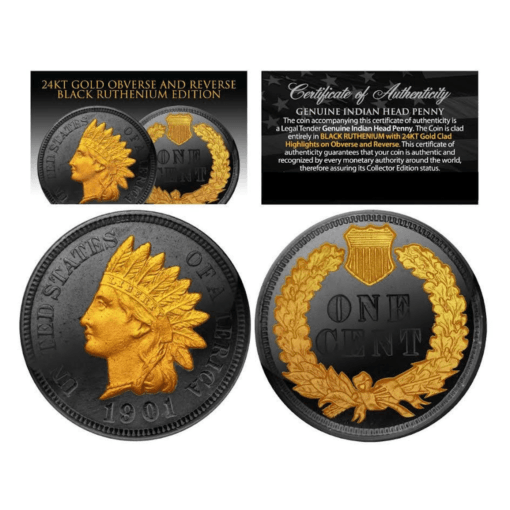 Indian Head Genuine Cent - Black Ruthenium & 24k Gold Enhanced